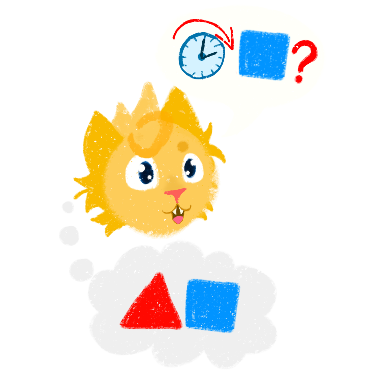 A cartoon cat with large, round eyes is shown. The cat's mouth is open slightly. A speech bubble above the cat's head contains a clock icon pointing downwards and a blue square with a question mark. In the cat's thought bubble, a red triangle and a blue square are visible.